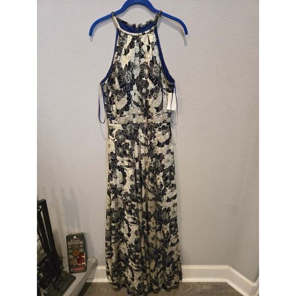 Betsy & Adam Women's 10 Metallic Floral Halter Gown Multicolor Blue & Silver - Picture 1 of 12
